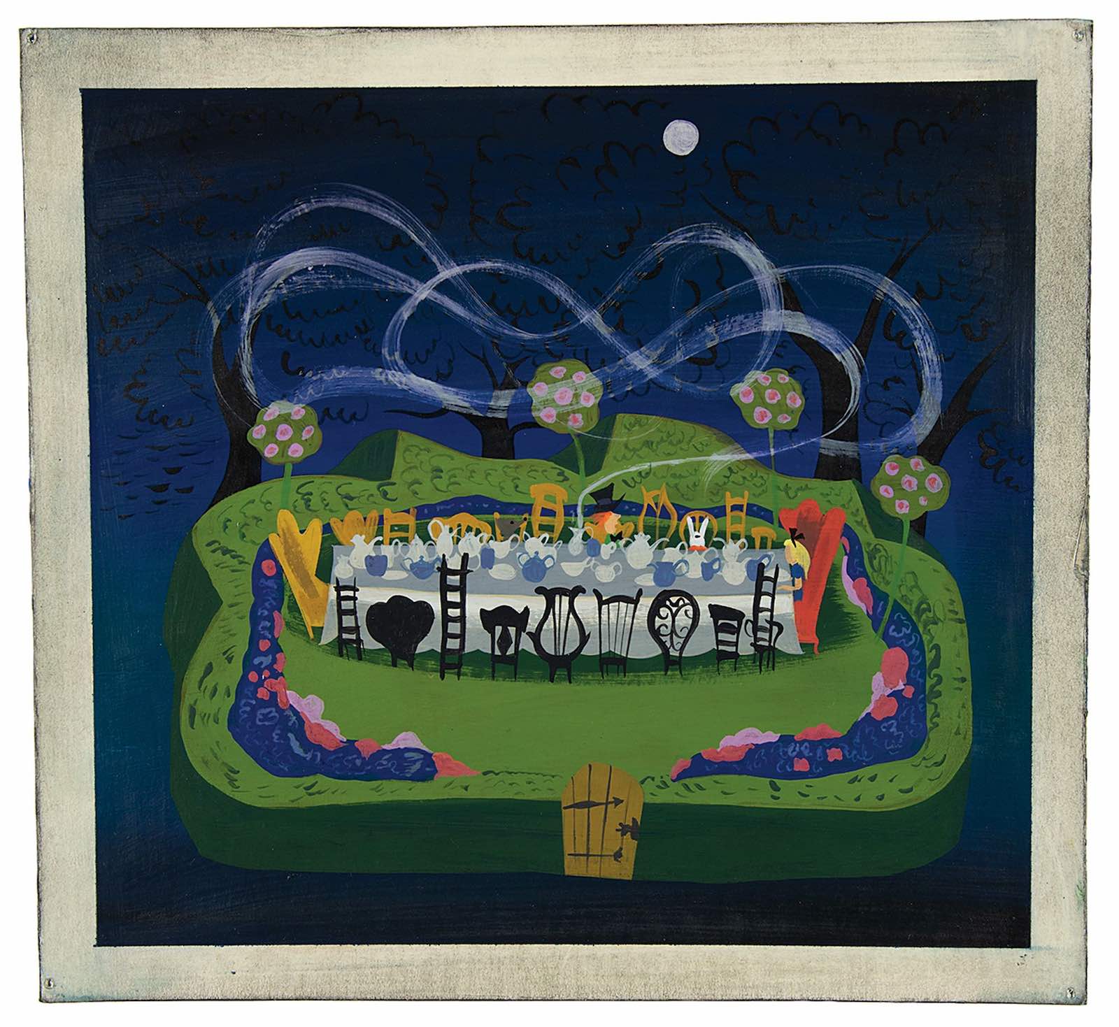 Mary Blair concept painting of Alice, Mad Hatter, and March Hare from Alice in Wonderland