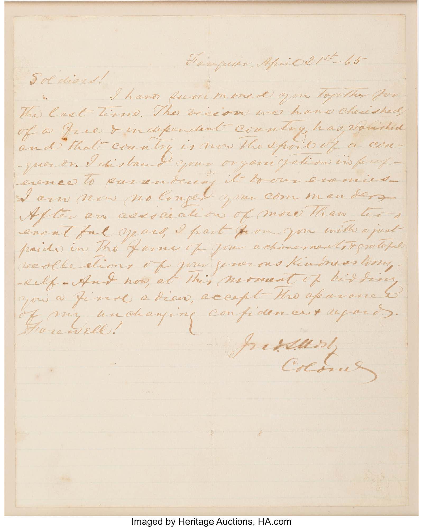 Confederate Colonel John S. Mosby's farewell address to his Rangers