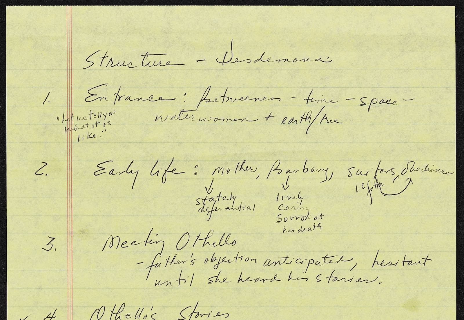 Toni Morrison (1931–2019) handwritten manuscript drafts of Desdemona, undated.
