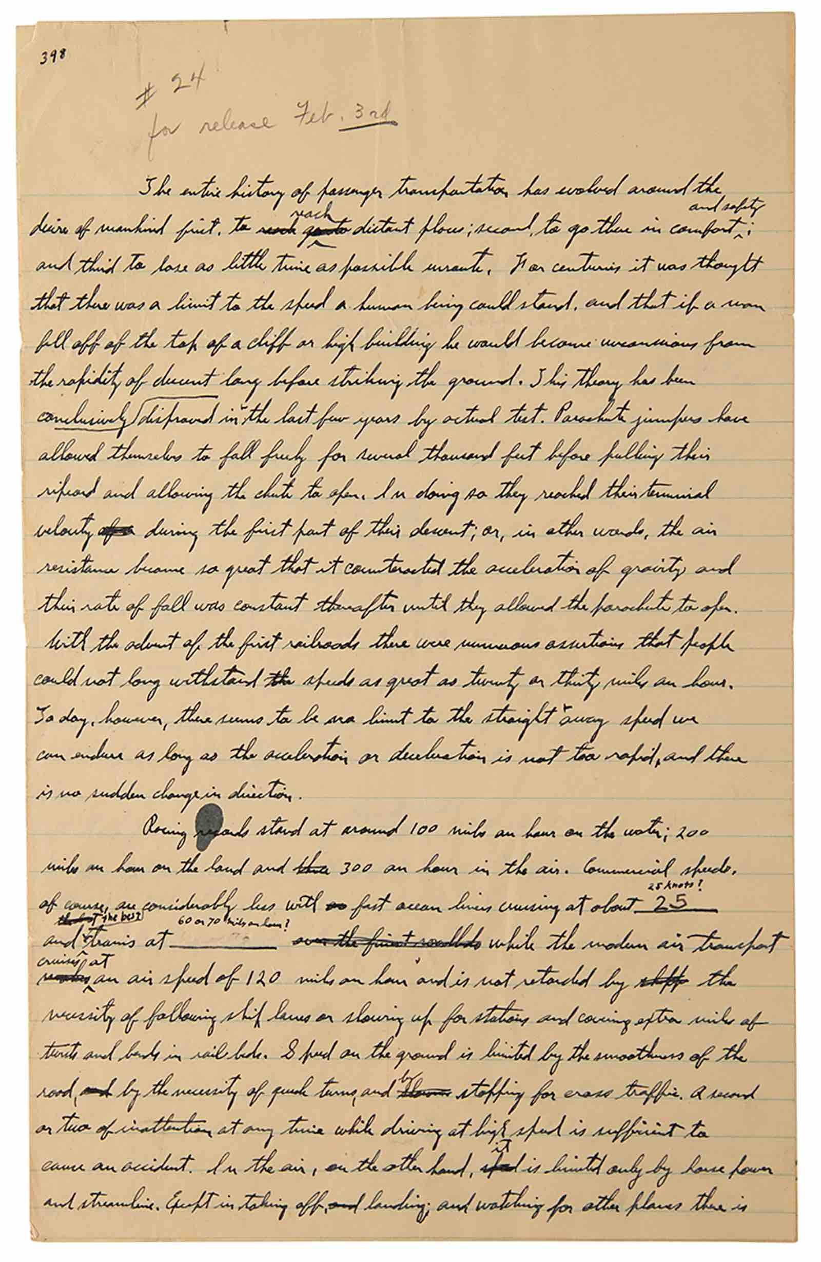 Charles Lindbergh Handwritten New York Times Manuscript on Advances in Aviation