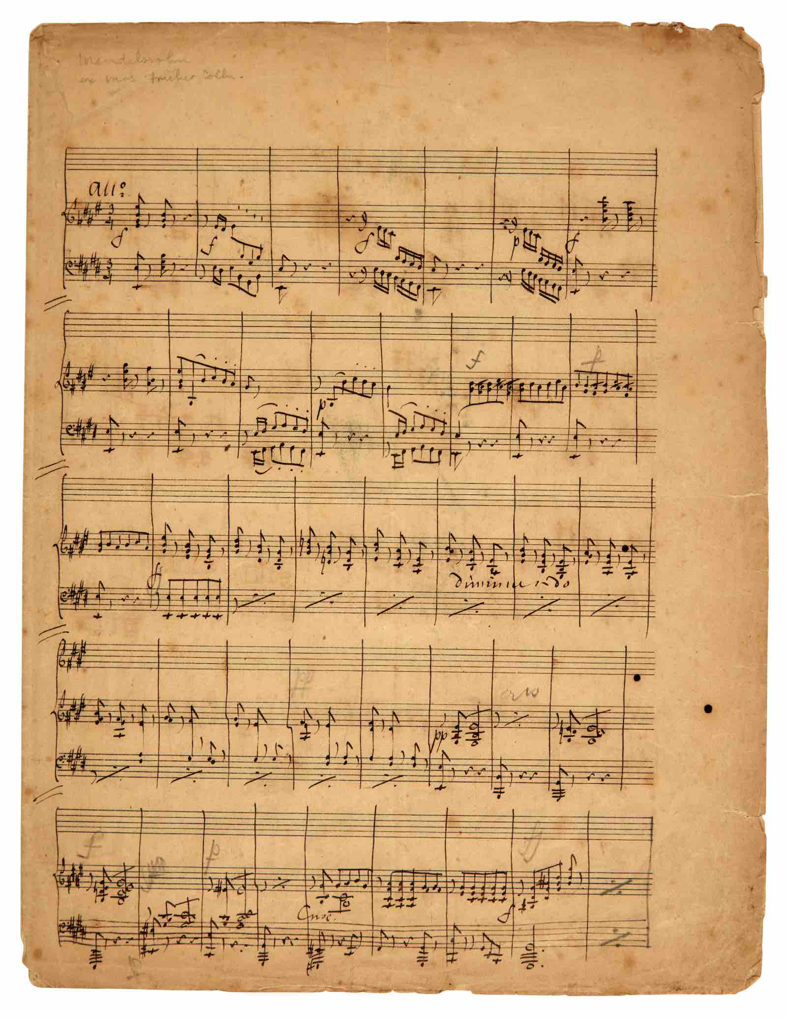 Autograph manuscript score of Mendelssohn's arrangement for violin and piano of the opening movement of J.S. Bach's Partita No.3 in E major for unaccompanied violin, BWV 1006