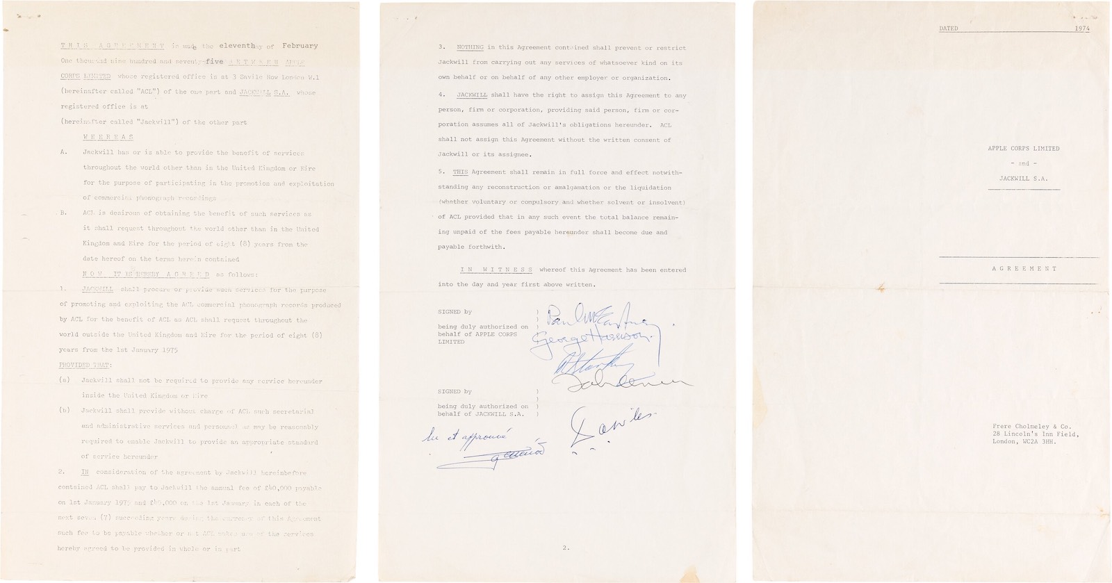 Beatles original post break-up signed promotional contract