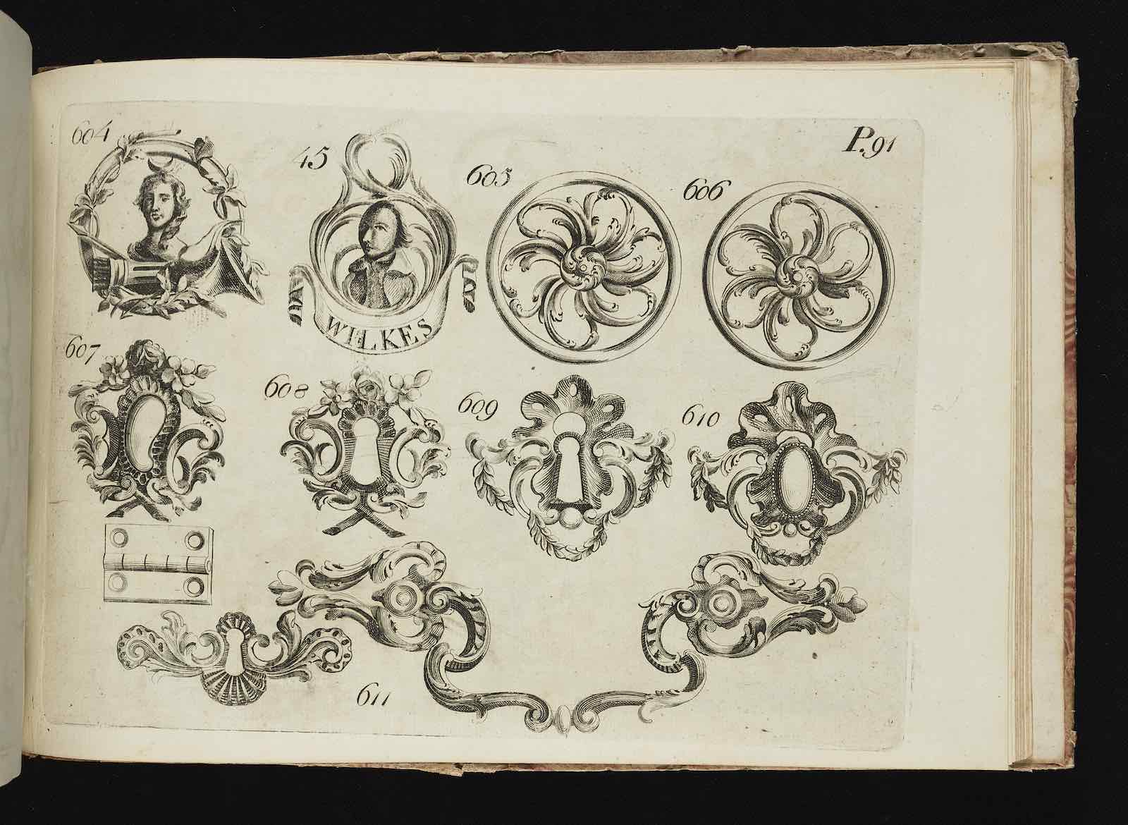 Plate from Birmingham trade catalogue for Timothy Smith of brass handles, escutcheons, hinges, c.1778
