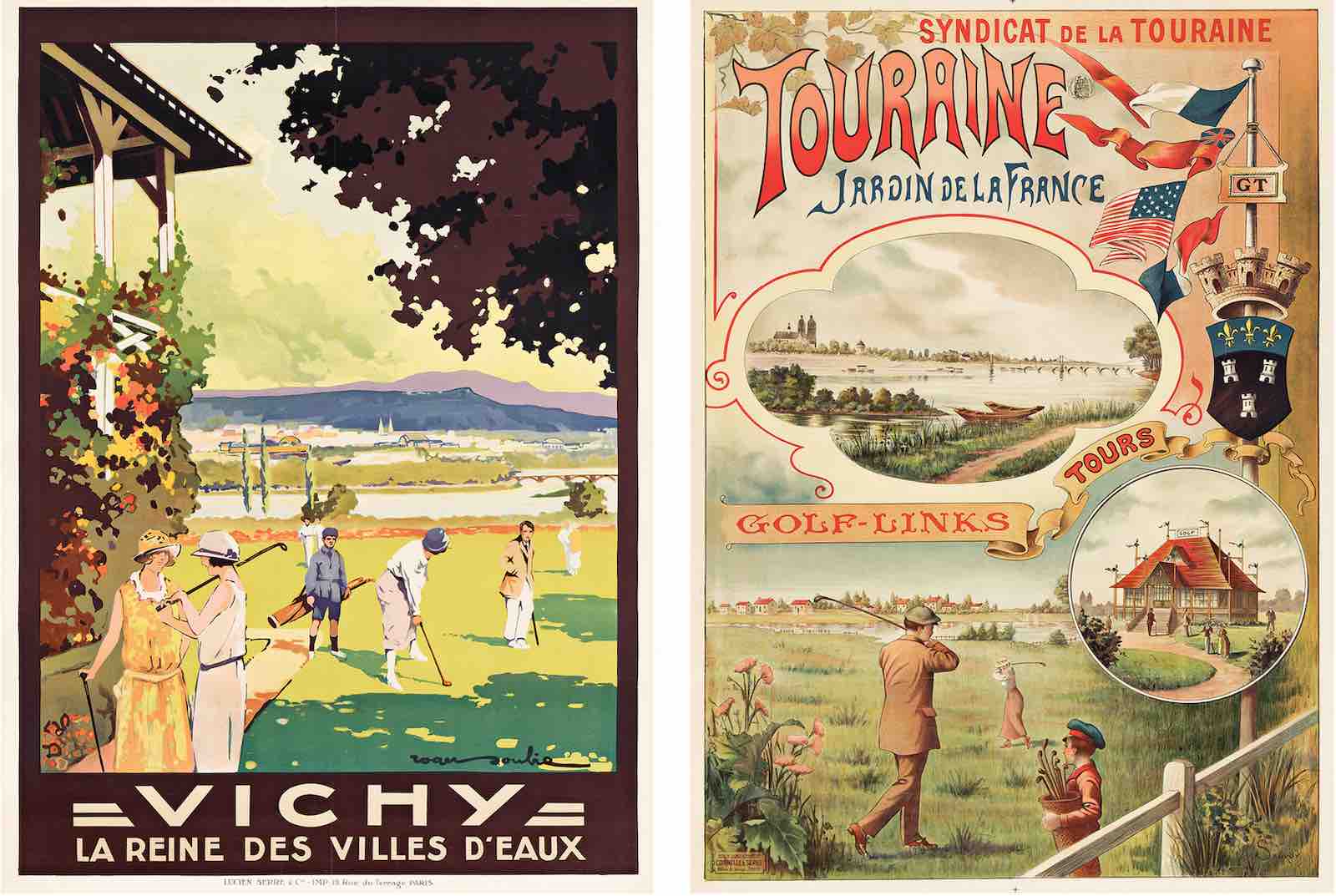 (left) Roger Soubie, Vichy/La Reine Des Villes D'eaux, 1928. Estimate $2,000 - $3,000; (right) A. Sauroy, Touraine/Golf-Links, circa 1900. Estimate $3,000 - $4,000.
