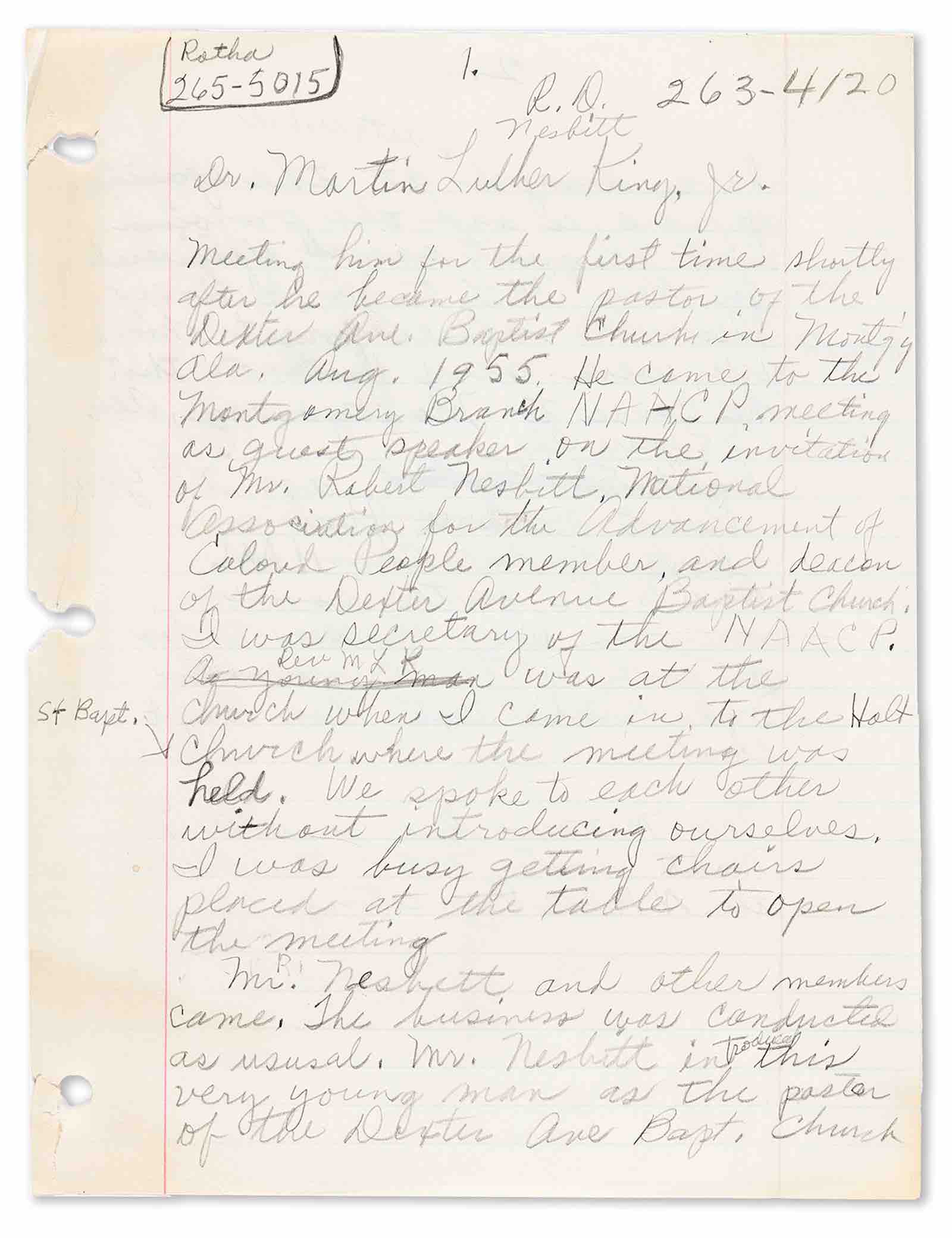Rosa Parks' hand-written recollection of her first meeting with Martin Luther King, Jr