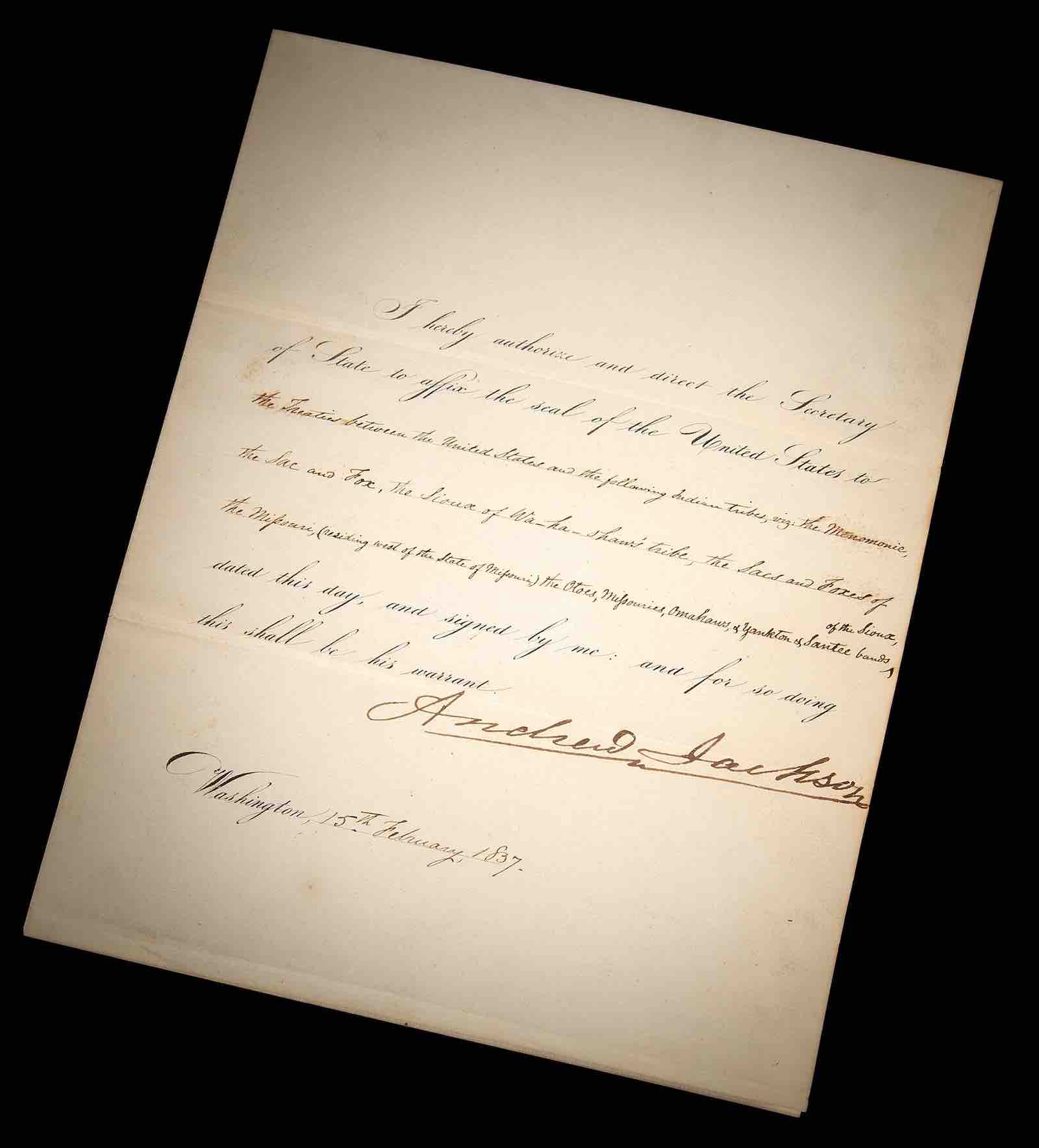 Andrew Jackson document signed as President, proclaiming treaties with the Menominee, Sauk and Foxes, Otoes, Missouris, Omahas, and Sioux