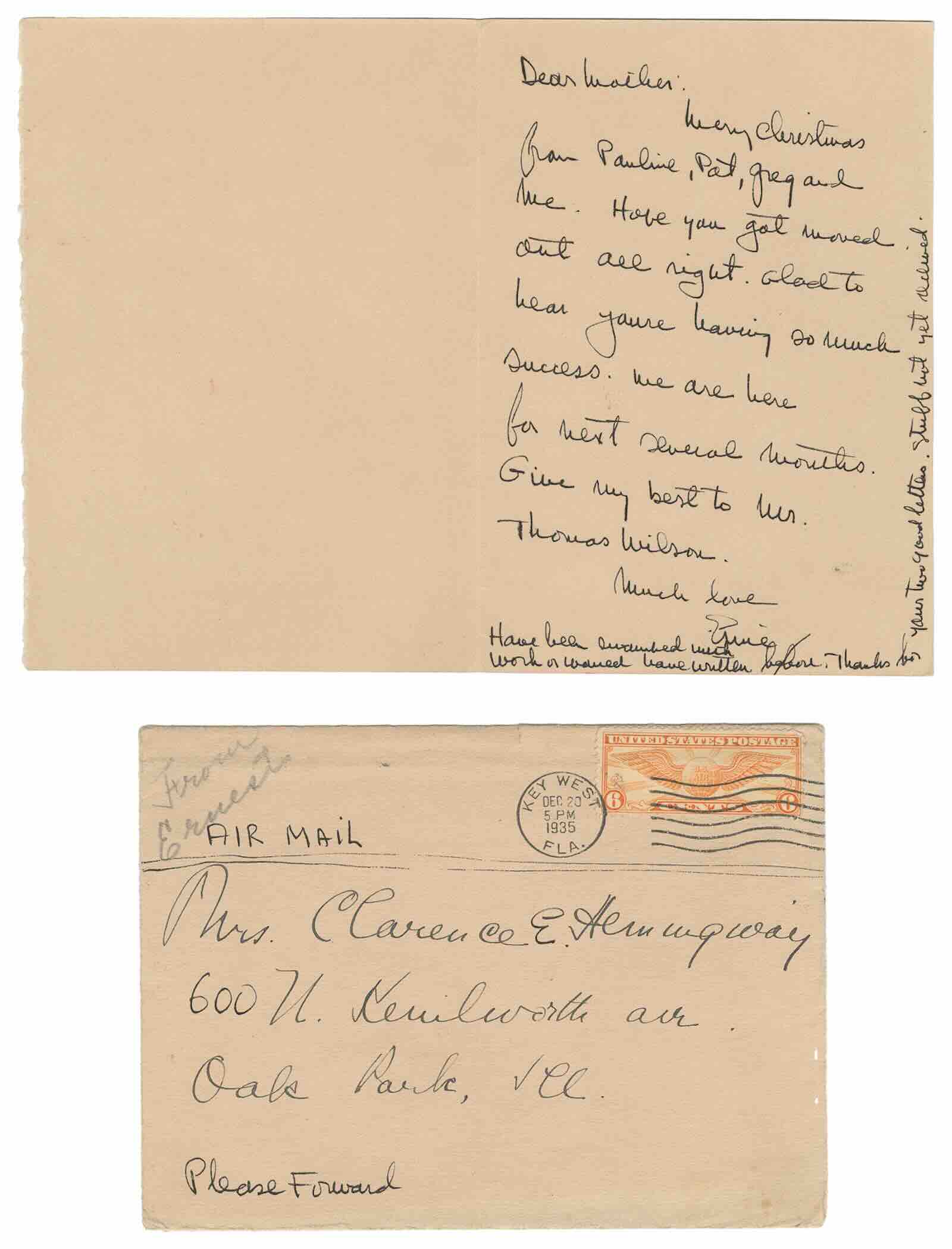Inscribed Christmas card to his mother, with original envelope