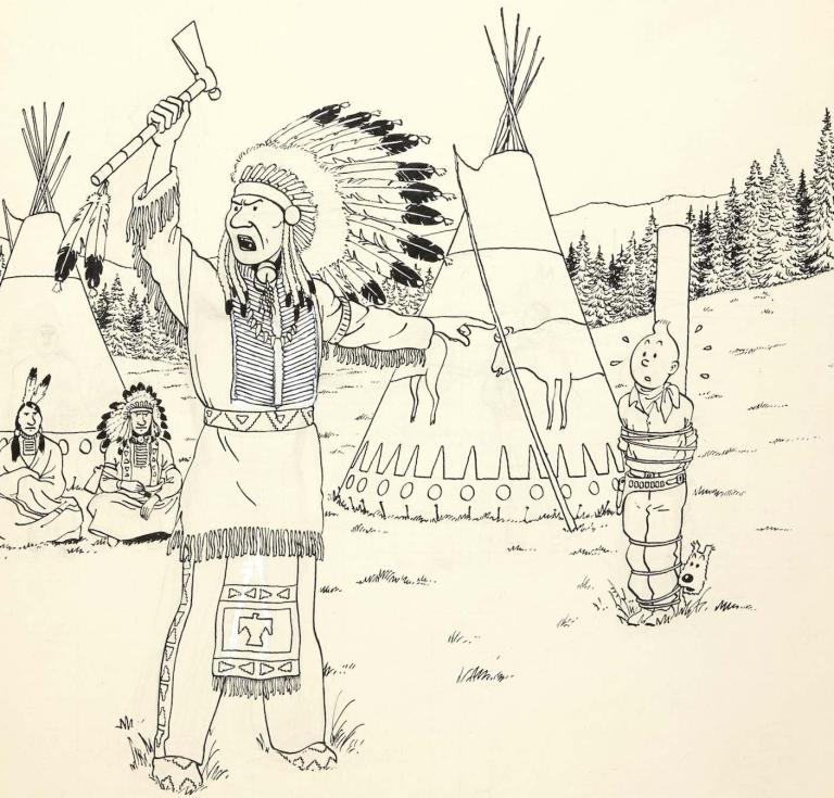 Detail of Tintin en Amérique by Hergé (aka Georges Remi). Indian ink and gouache on paper for the cover of the 1942 edition. Estimate: €2,200,000 – 3,200,000.