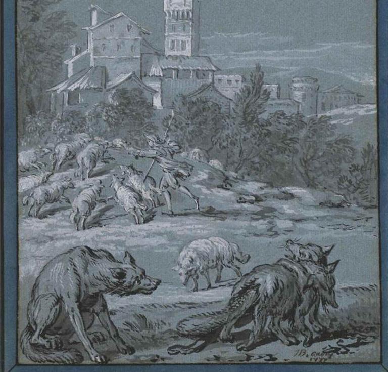 The Wolf and the Fox, 1733. Jean-Baptiste Oudry, French (1686-1755). Black ink and gray wash heightened with white opaque watercolor on blue paper; frame design in black ink, gray wash, and blue watercolor. 31.1 x 26 cm (12 1/4 x 10 1/4 in.). 