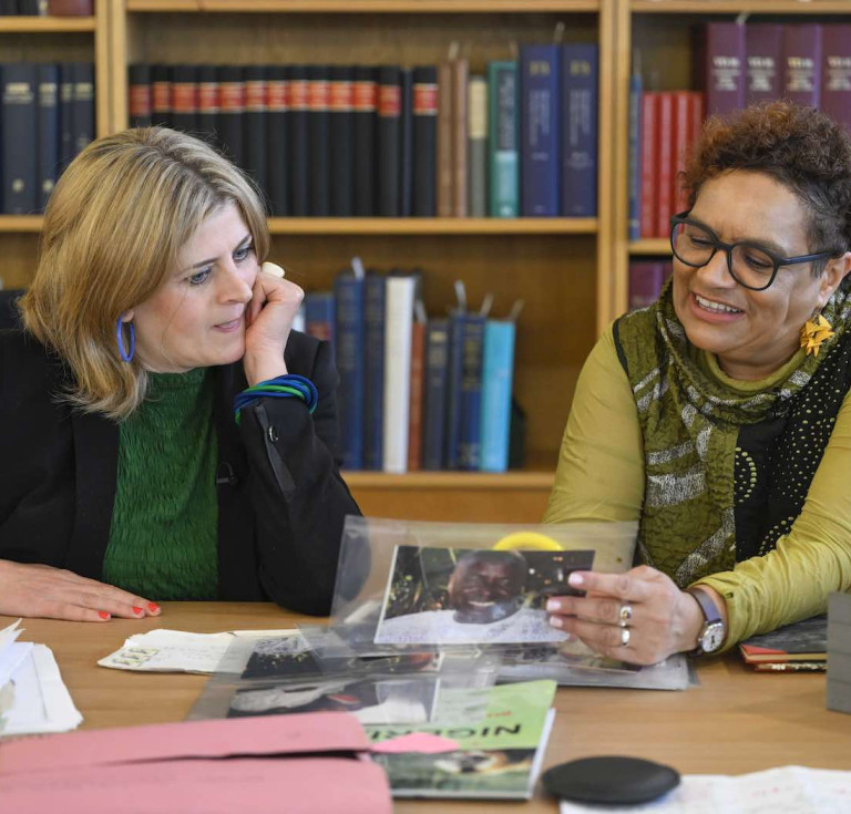 Poet and novelist Jackie Kay at the National Library of Scotland with National Librarian Amina Shah (left)