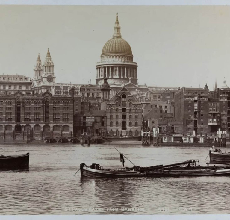 A view across the River Thames of Paul’s Wharf and St Paul’s Pier from Bankside, with St Paul’s Cathedral in the background, by George Washington Wilson (1860-1900)