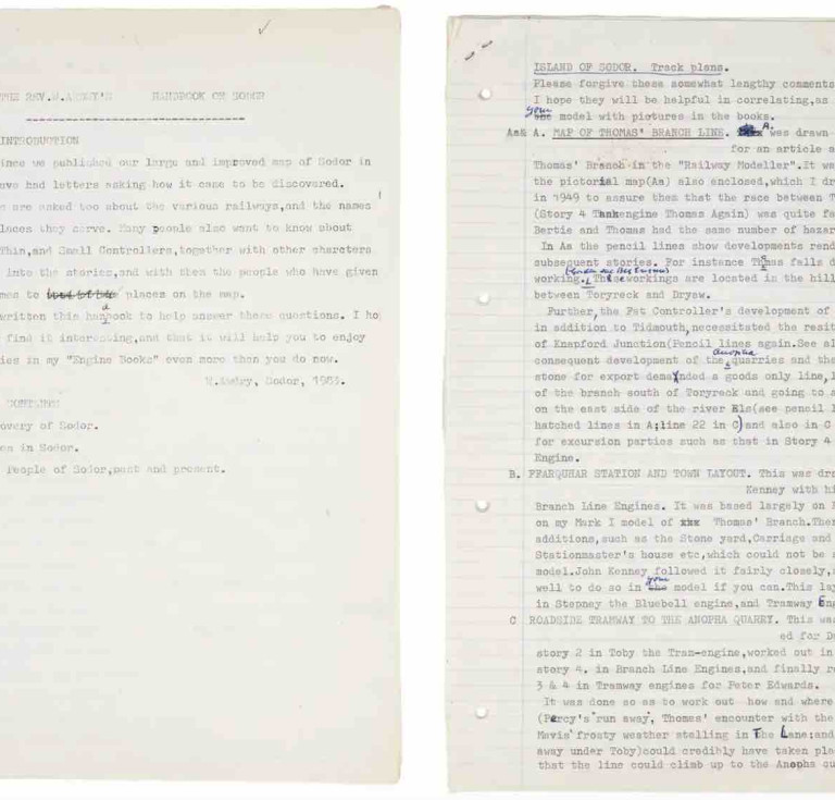 Typewritten notes with copied annotations written by the Rev W Awdry